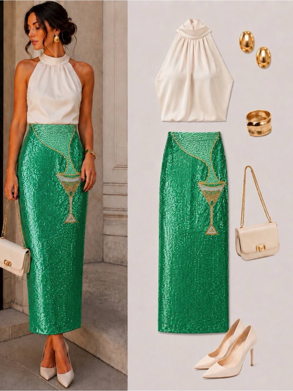 Antonio Melani Womens Naomi Sequin Skirt Green Beaded Cocktail Size 14 NWT - Picture 2 of 16
